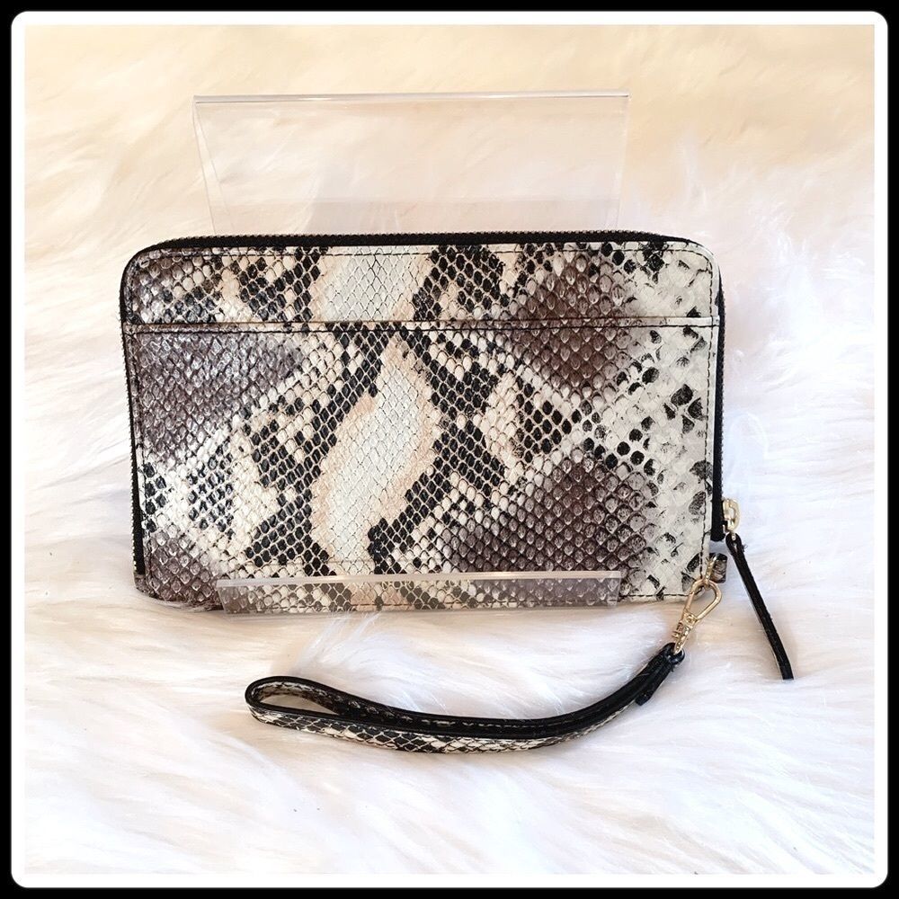 NORDSTROM Amal Ivory Snake Print Zip-Around Leather Clutch Wristlet